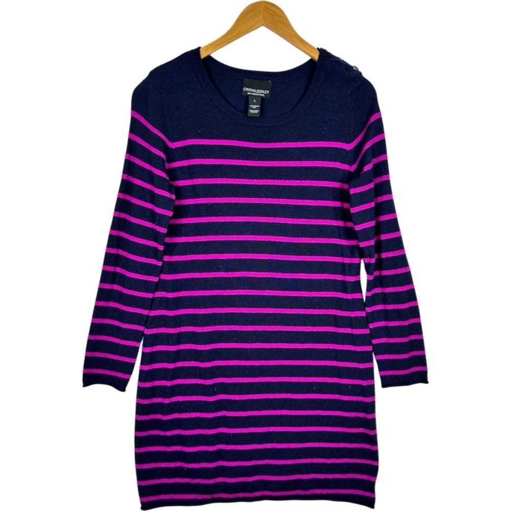 Cynthia Rowley Sweater Dress 100% Merino Wool Navy Pink Stripe L Button Shoulder